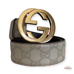 Authentic Gucci Cream Guccissima Leather Gold Interlocking G Buckle Belt 80/32